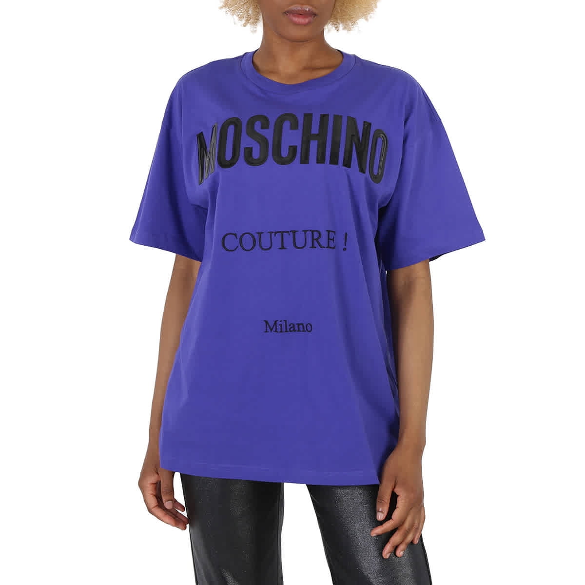 Tシャツ・カットソー MOSCHINO Women Tunic Tops A0606 82200202 Purple Moschino Couture Milano Kids Girls Logo T-Shirt Black Gold
