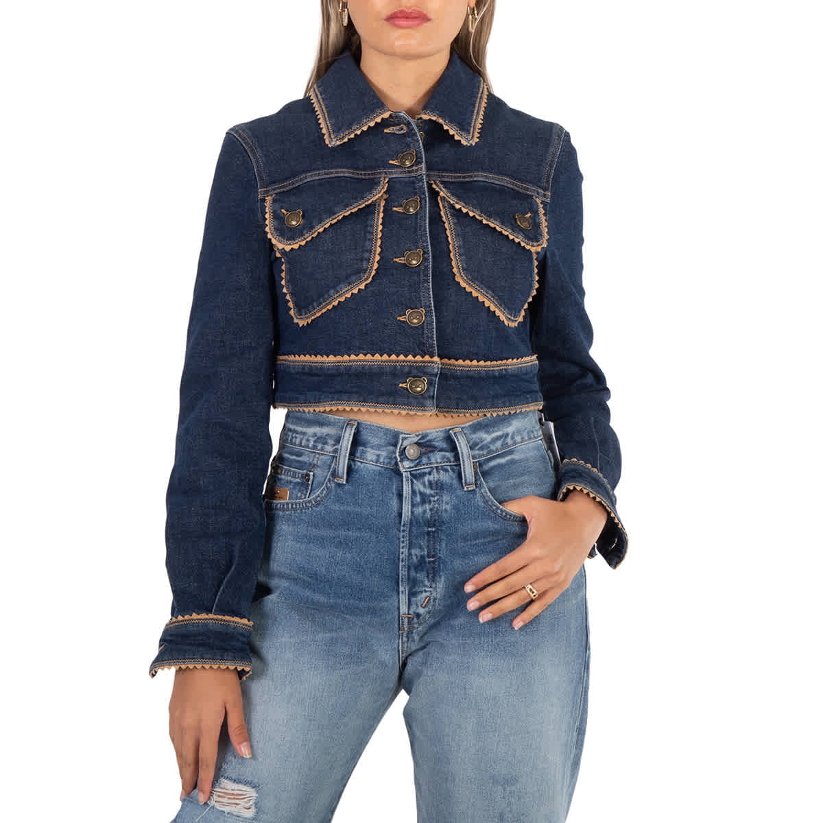 Moschino Passementerie Cropped Denim Jacket, Brand Size 38 (US