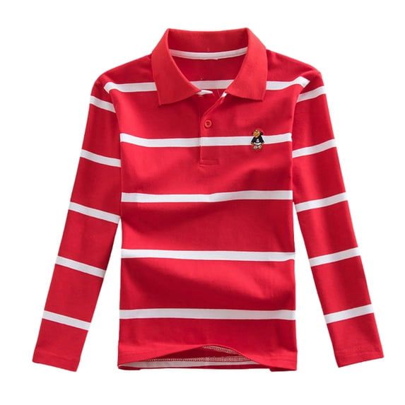 WhouRiu Little Boys' Tshirts Long Sleeve Casual Striped Polo Shirt Kids Button Fashion Fall Clothes Red,Sizes 6-7