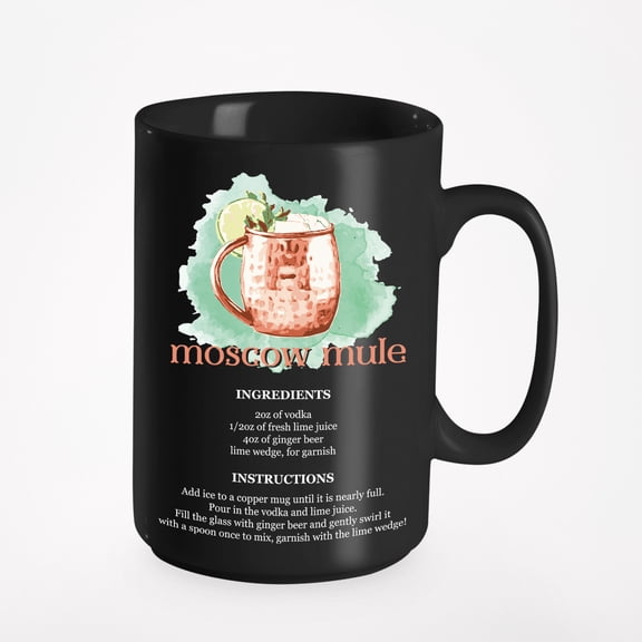 Moscow Mule Cocktail Art & Drink Recipe, Bartender, Black 15oz Ceramic Mug