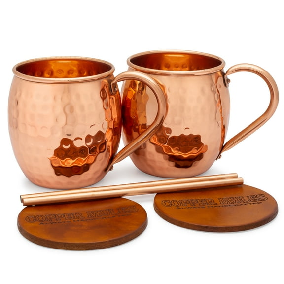 Moscow Mule Copper Mug Set of 2 - 16oz mugs | Barrel Shape Hammered Finish 100% HandCrafted | Includes Copper Straws and Leather Coasters
