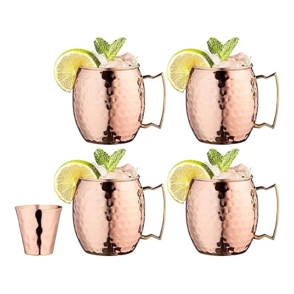 Moscow Mule Copper Mugs Set of 4  16oz 100% Pure Copper, Polished Hammered Finish, Brass Handles, Copper Shot Glass  Authentic Food Safe Cocktail Barware Gift Set
