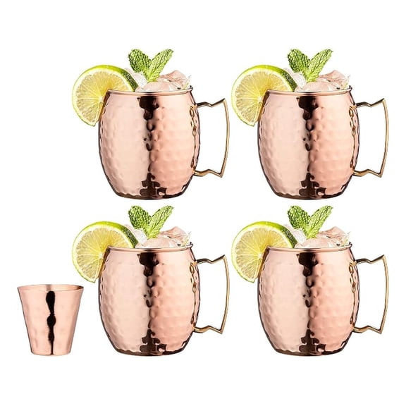 Moscow Mule Copper Mugs Set of 4 16oz 100% Pure Copper, Polished Hammered Finish, Brass Handles, Copper Shot Glass Authentic Food Safe Cocktail Barware Gift Set