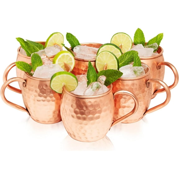 Moscow Mule Copper Mugs Set of 6 (16oz) | Grade Pure Copper Cups | Handcrafted w/Lacquered Hammered Finish, Smooth Rounded Lip, Handle (No Rivet) w/Solid Grip