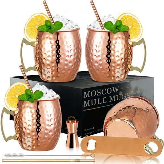 Moscow Mule Copper Mugs- Set of 4 Copper Plated Stainless Steel Mug 18oz, for Chilled Drinks