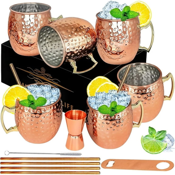 Moscow Mule Copper Mugs- Set of 6 Plated Stainless Steel Mug 18oz, for Chilled Drinks (6 Pack) Mugs