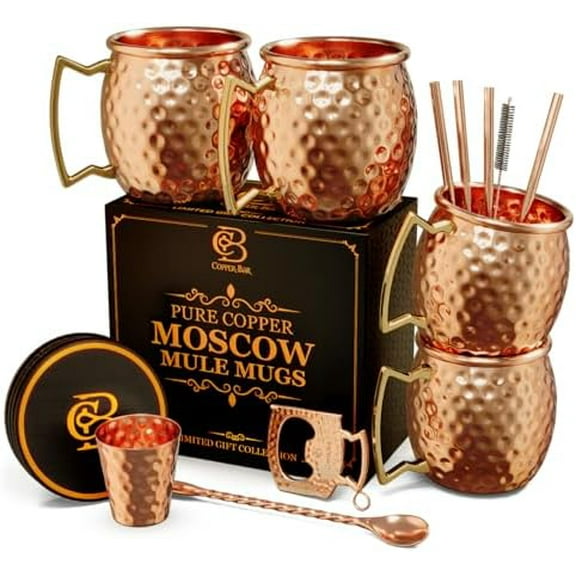 Moscow Mule Copper Mugs - Unique HANDCREFTED Gift Set of 4, Hammered by Artisan, 100% Pure Solid Copper Cups 16oz for Drinking Water & Cocktails, Include 12 Pcs accessories & Special Opener