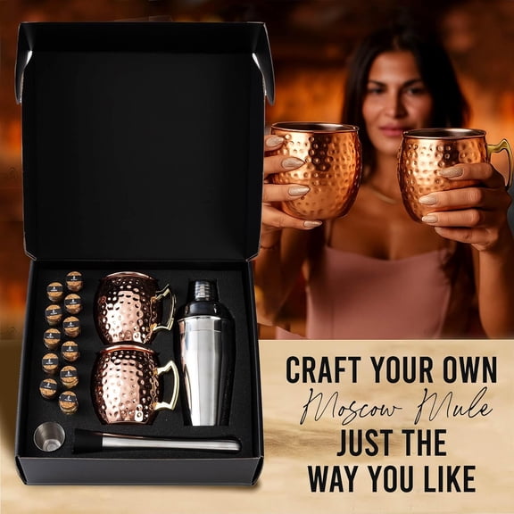 Moscow Mule Kit Gift Set - 2 Copper Mugs - 11 Botanicals - Stainless Steel Shaker & Jigger - Mudder - Recipe Book - Moscow Mule Cocktail Kit - Valentine Gifts for Women - Accessories for Infusion