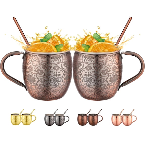 Moscow Mule Mugs - 18 Oz Copper-Plated Fine Craftsmanship Etched Mugs,304 Stainless Steel-Lined Mule Cups,For Cold Drinks, Beer, Wine, Bars, Parties