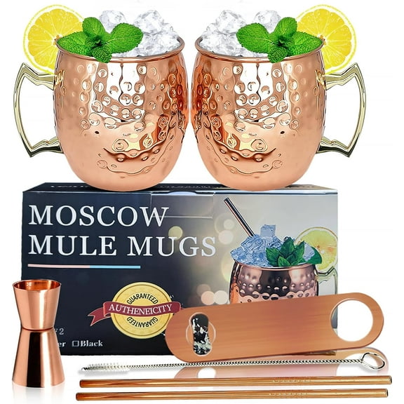 Moscow Mule Mugs Set of 2 Large Lined Mascow Cups 18oz Copper Plated Stainless Steel Bulk Food Safe Hammered Mug for Chilled Cold Drinks Home Bar Drinkware Bareware (Copper 2)