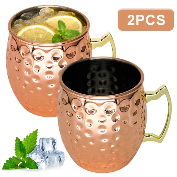Moscow Mule Mugs Set of 2, 16 oz Hammered Copper Cups with Stainles,Two cups + two straws