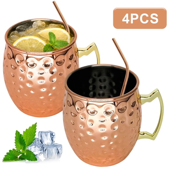 Moscow Mule Mugs Set of 2, 16 oz Hammered Copper Cups with Stainles