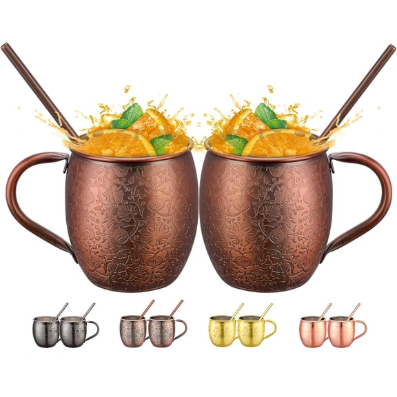Moscow Mule MugsSet of 2-18 Oz Copper-Plted Fine Crftsmnship Etched Mugs,304 Stinless Steel-Lined Cups,For Cold Drinks, Beer, Wine, Brs, Prties