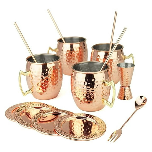 Moscow Mule Set, 15-Piece Copper Cocktail Bar Set - 19.5oz Mugs, Stainless Steel Coasters, Jigger & Stirrer - Perfect for Parties & Gifts 15 PCS Set