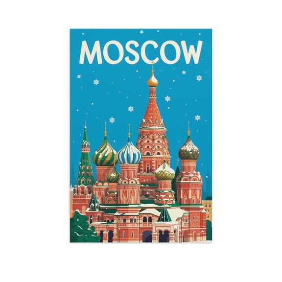 Moscow Retro Travel Poster Vintage Russian City Tourism with Red Square & Kremlin Canvas Poster