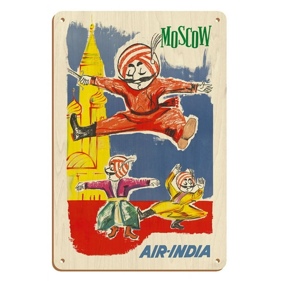 Moscow Russia - Air India Mascot Maharajah - Barynya Russian Folk Dance - Vintage Airline Travel Poster by J. B. Cowasji c.1960 - 8 x 12 inch Vintage Wood Art Sign