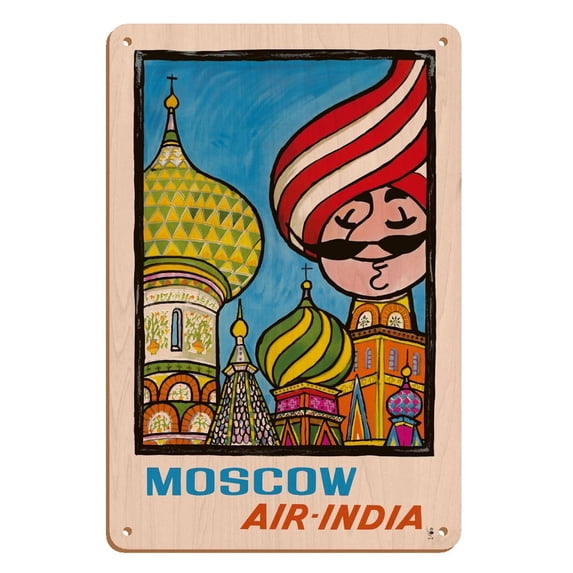 Moscow Russia - Air India - Saint Basil’s Cathedral - Air India’s Mascot Maharajah - Vintage Airline Travel Poster by Umesh Rao c.1946 - 8 x 12 inch Vintage Wood Art Sign