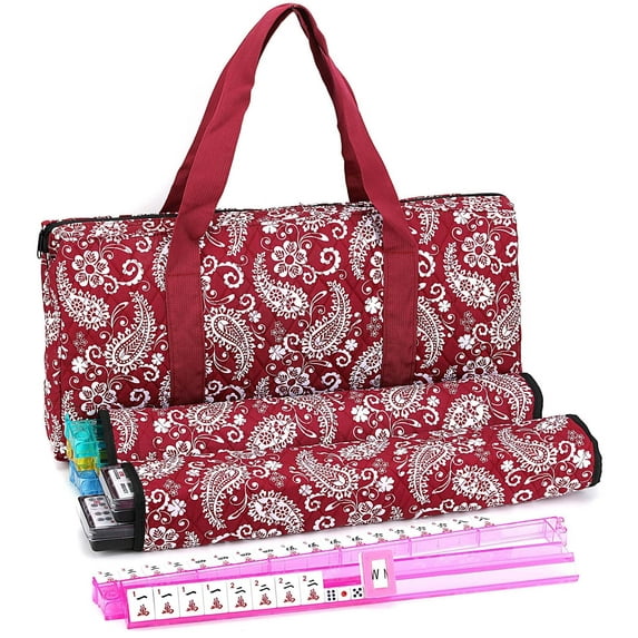 American Mahjong Game Set, Red Paisley Carrying Bag,166 Premium White Tiles, All-in-One Color Rack/Pushers, Chips,Wind Indicator, English Manual,Complete Mah jongg, Mahjong Tiles Set