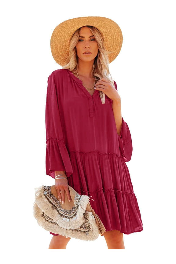 Women's Summer Ruffled Dress Button V Neck Casual Loose Shift Dresses