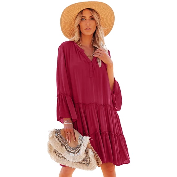 Cizayoi Women's Summer Ruffled Dress V Neck Casual Loose Shift Dresses