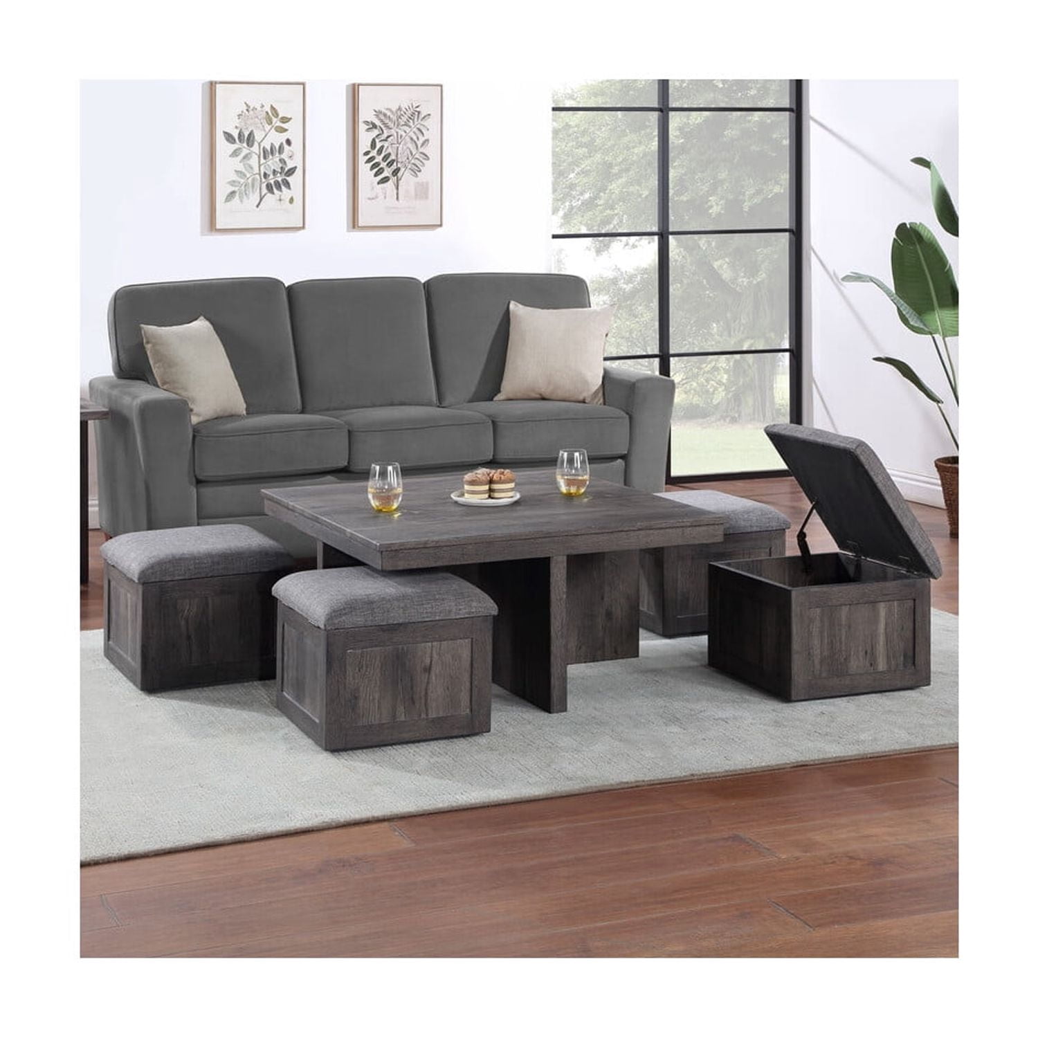 Moseberg Brown Rustic Wood Coffee Table with Storage Stools