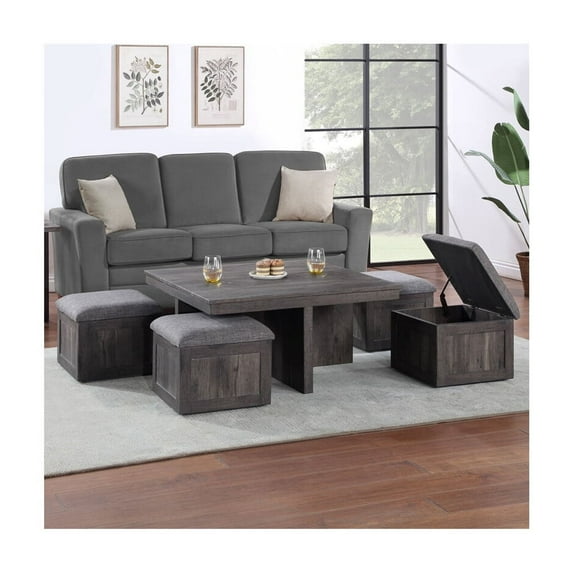 Moseberg Brown Rustic Wood Coffee Table with Storage Stools