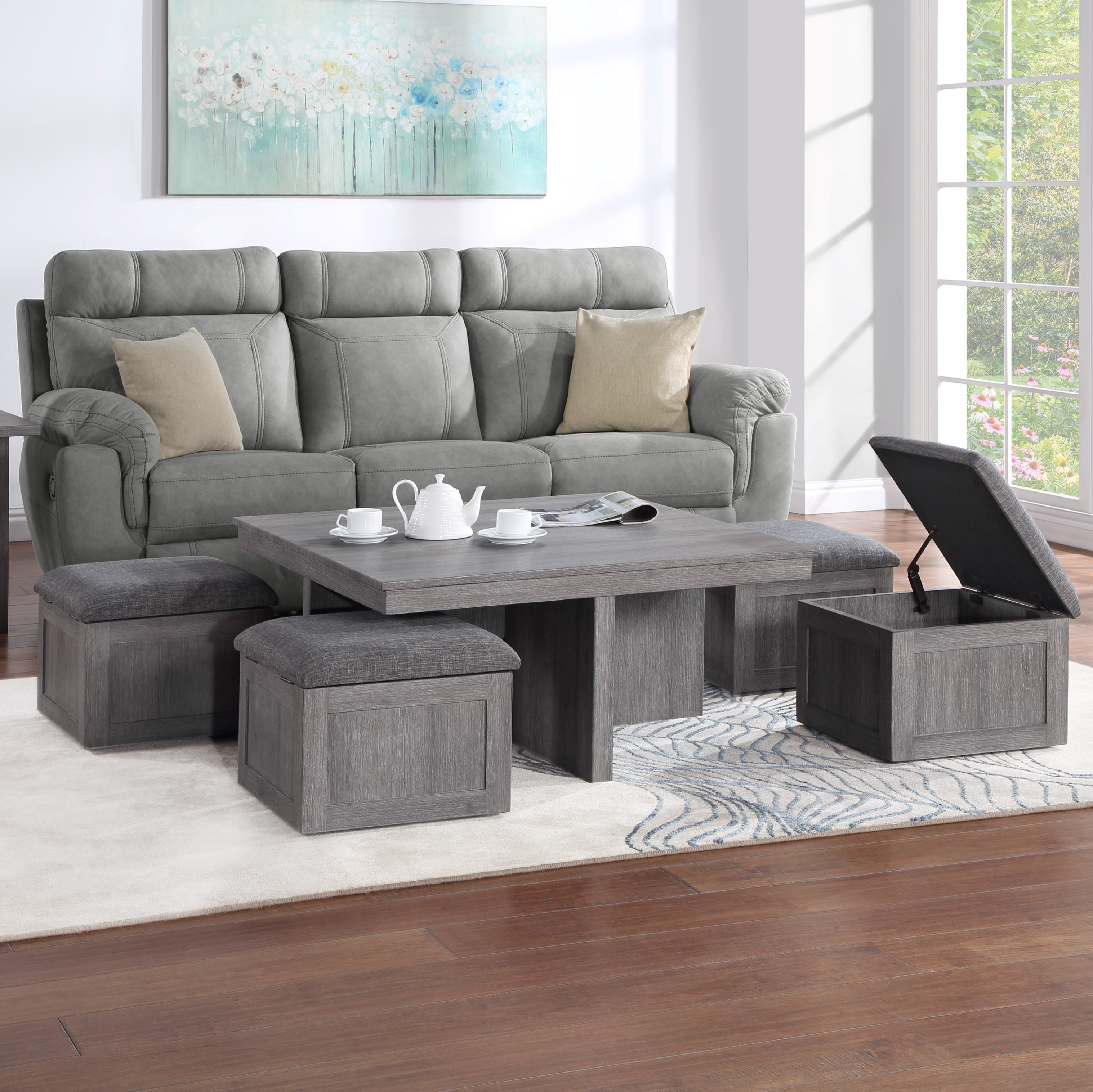 Moseberg Distressed Gray Coffee Table with Storage Stools, 4