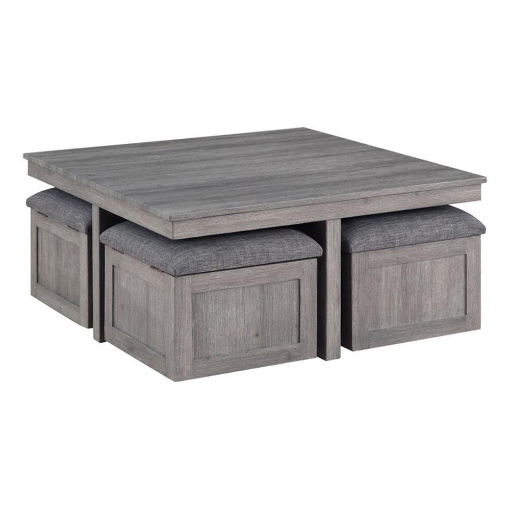 Moseberg Distressed Gray Wood Coffee Table with Storage Stools