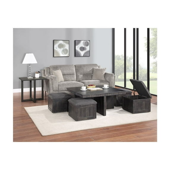 Moseberg Gray Oak Wood Coffee Table with Storage Stools and End Table Set