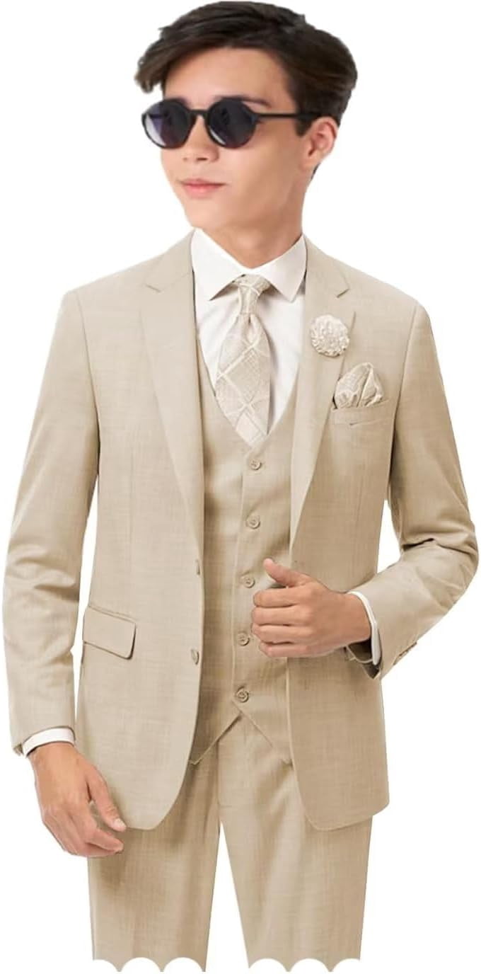 Boys 3 Piece Formal Suit Set - Shawl Lapel Blazer, Vest & Pants For Wedding, Prom, Communion