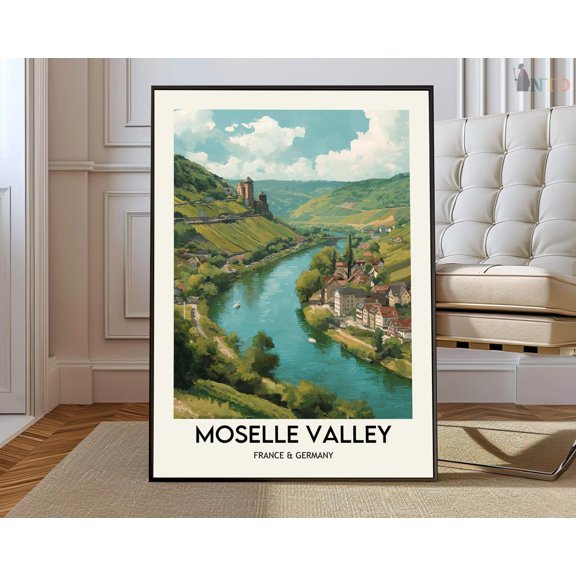 Moselle Valley Germany River Landscape Wall Art Scenic Vineyard Map Decor, Unframed Canvas 24x36in