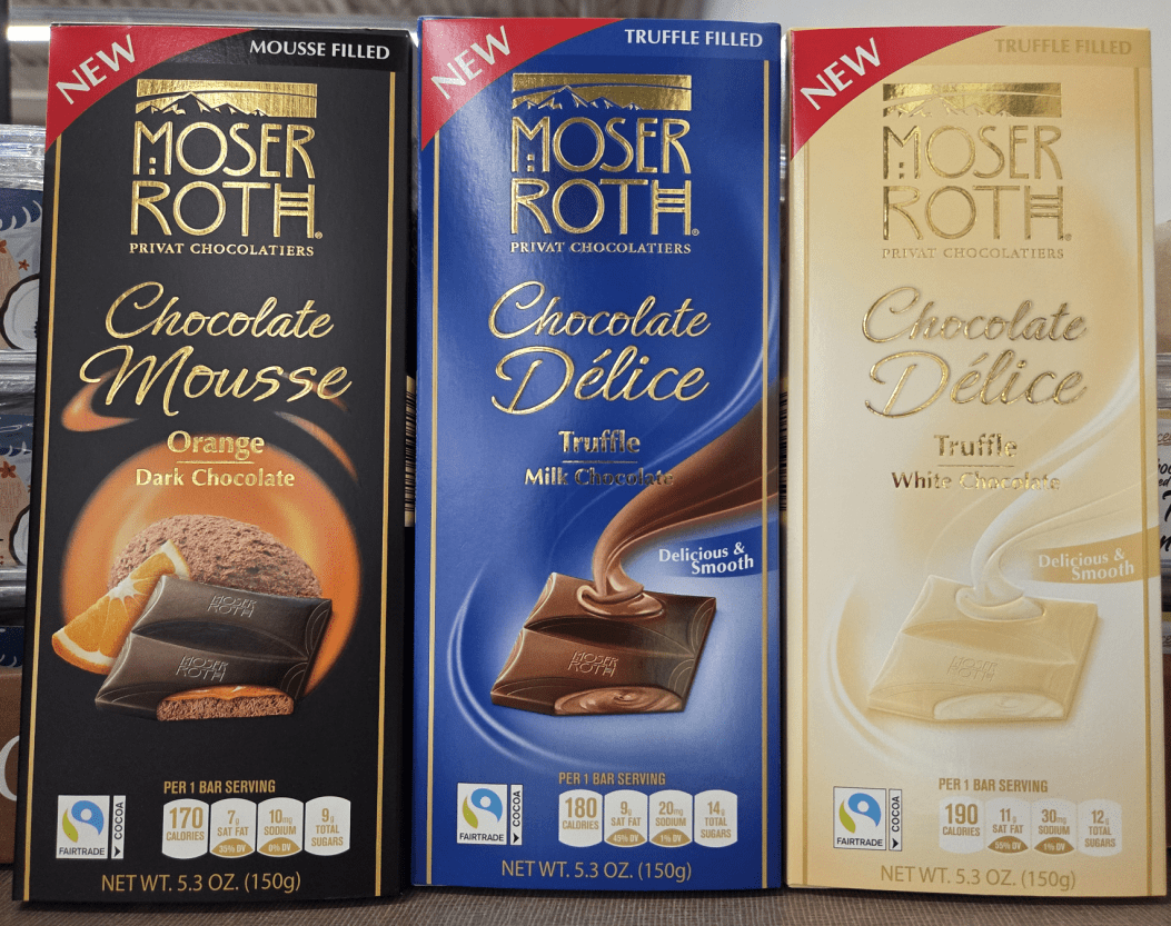 Moser Roth Chocolate Mousse & Delice Orange Dark, Truffle Milk, Truffle White, 5.3oz 150g (3 Bars)
