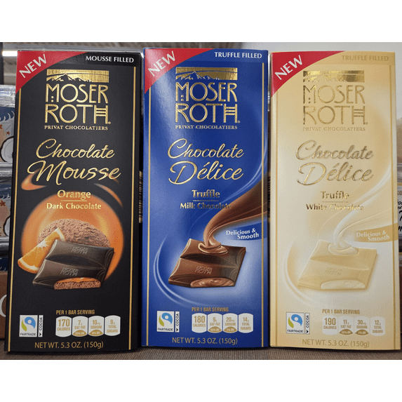 Moser Roth Chocolate Mousse & Delice Orange Dark, Truffle Milk, Truffle White, 5.3oz 150g (3 Bars)