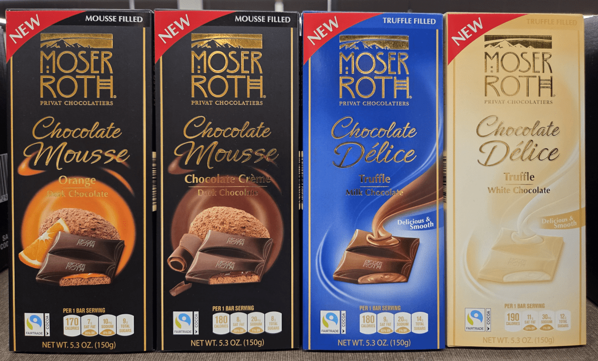 Moser Roth Chocolate Mousse Orange Dark & Chocolate Creme, Delice Truffle Milk & Truffle White, 5.3oz 150g (4 Bars)
