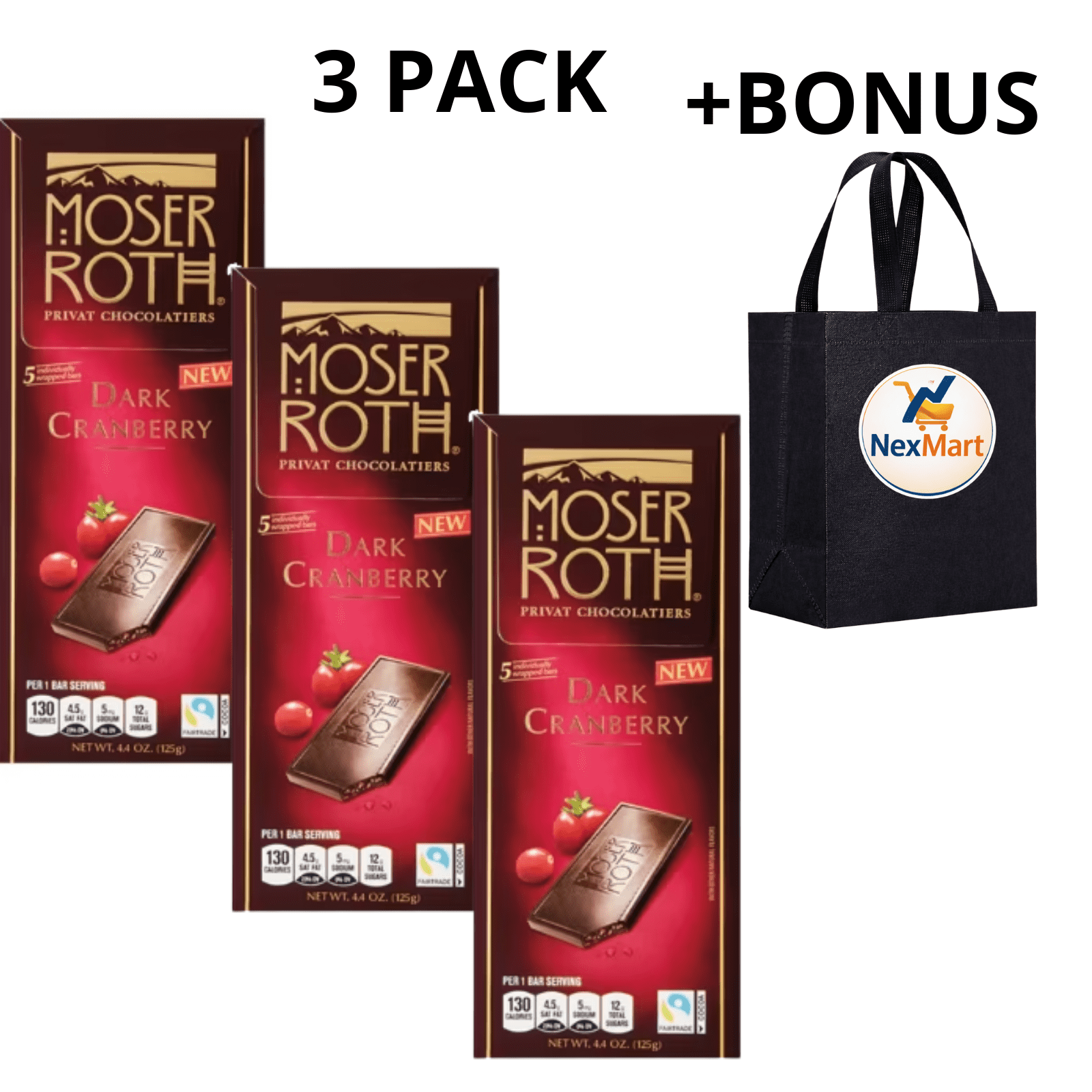 Moser Roth Dark Cranberry Chocolate Bar, Individually Wrapped, 5 Count, 4.4 oz (125g) , 3 Pack