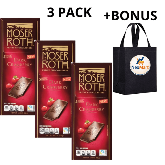 Moser Roth Dark Cranberry Chocolate Bar, Individually Wrapped, 5 Count, 4.4 oz (125g) , 3 Pack