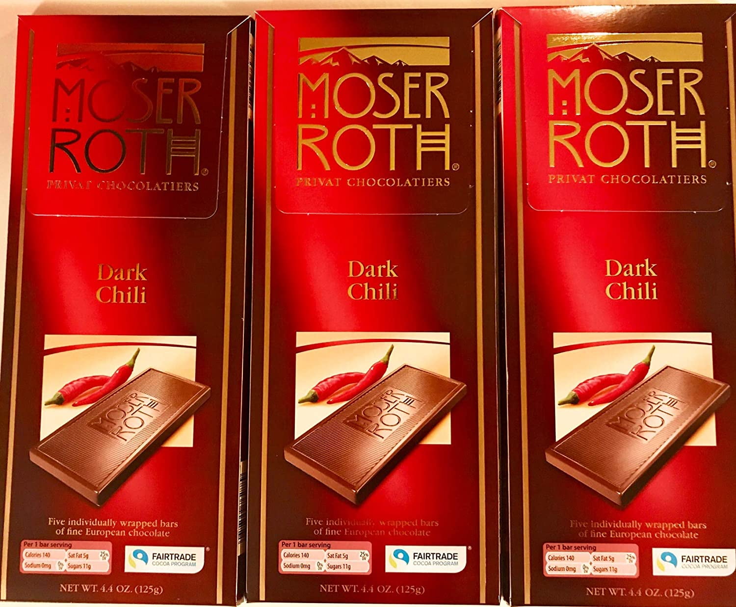 Moser Roth Premium Fine German Dark Chili Chocolate Bars, 4.4 oz. (Pack of 3)