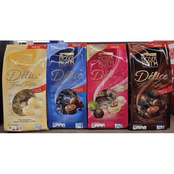 Moser Roth Private Chocolatiers Delice Fine Truffles Dark Chocolate 70% Cocoa, Milk Chocolate, White Chocolate, Assorted Crispy Hazelnut Cappuccino Dark 70% 4.9oz 140g (4 Bags)