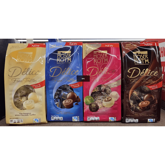 Moser Roth Private Chocolatiers Delice Fine Truffles Dark Chocolate 70% Cocoa, Milk Chocolate, White Chocolate, Summer Collection 4.9oz 140g (4 Bags)