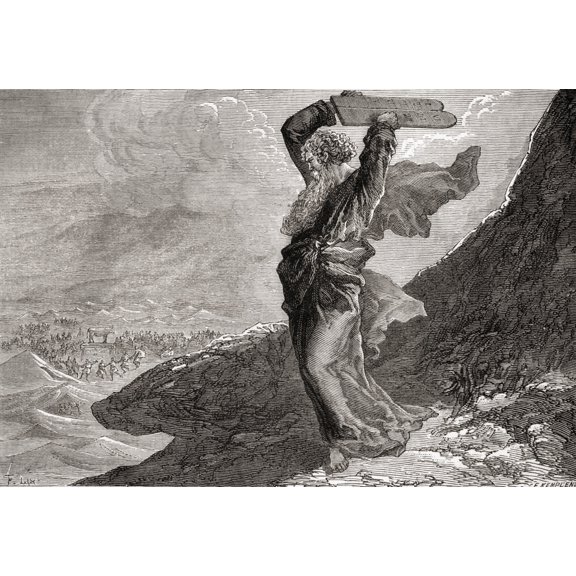 Moses Breaking The Two Stone Tablets On Which Were Written The Ten Commandments. The Book Of Exodus Old Testament. From The Children's