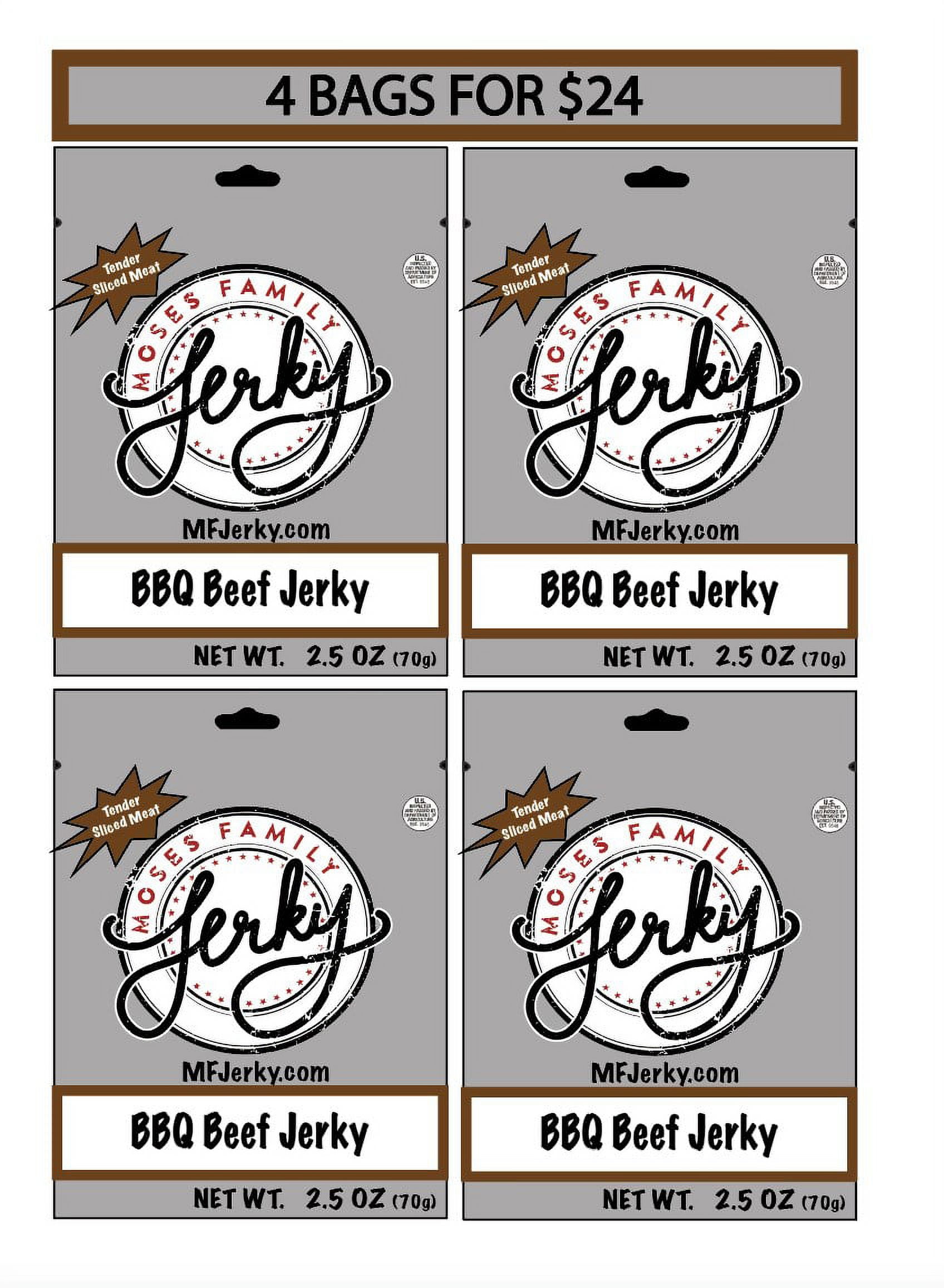 Moses Family Jerky, BBQ Beef Jerky, 2.5 Ounce (Pack of 4), Tender Sliced Meat