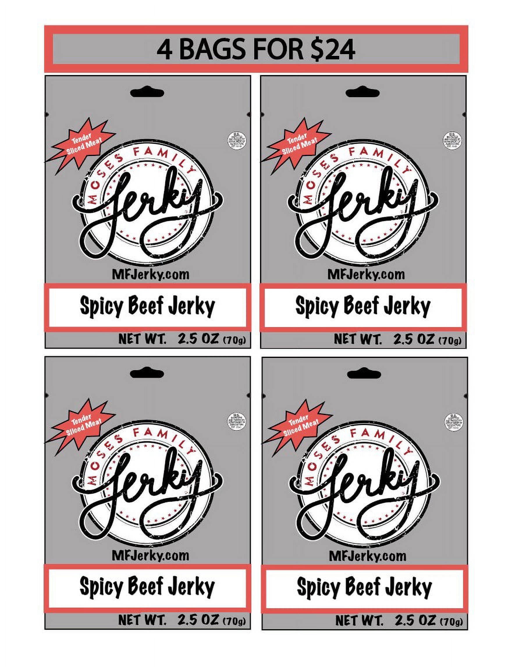 Moses Family Jerky, Spicy Beef Jerky, 2.5 Ounce (Pack of 4), Tender Sliced Meat