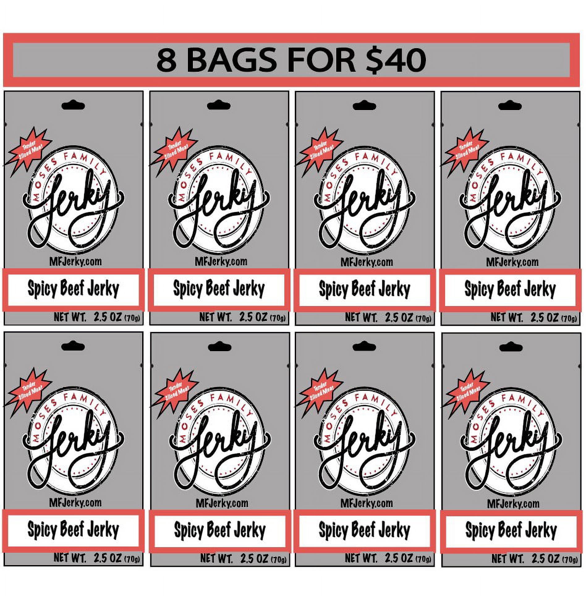 Moses Family Jerky, Spicy Beef Jerky, 2.5 Ounce (Pack of 8), Tender Sliced Meat
