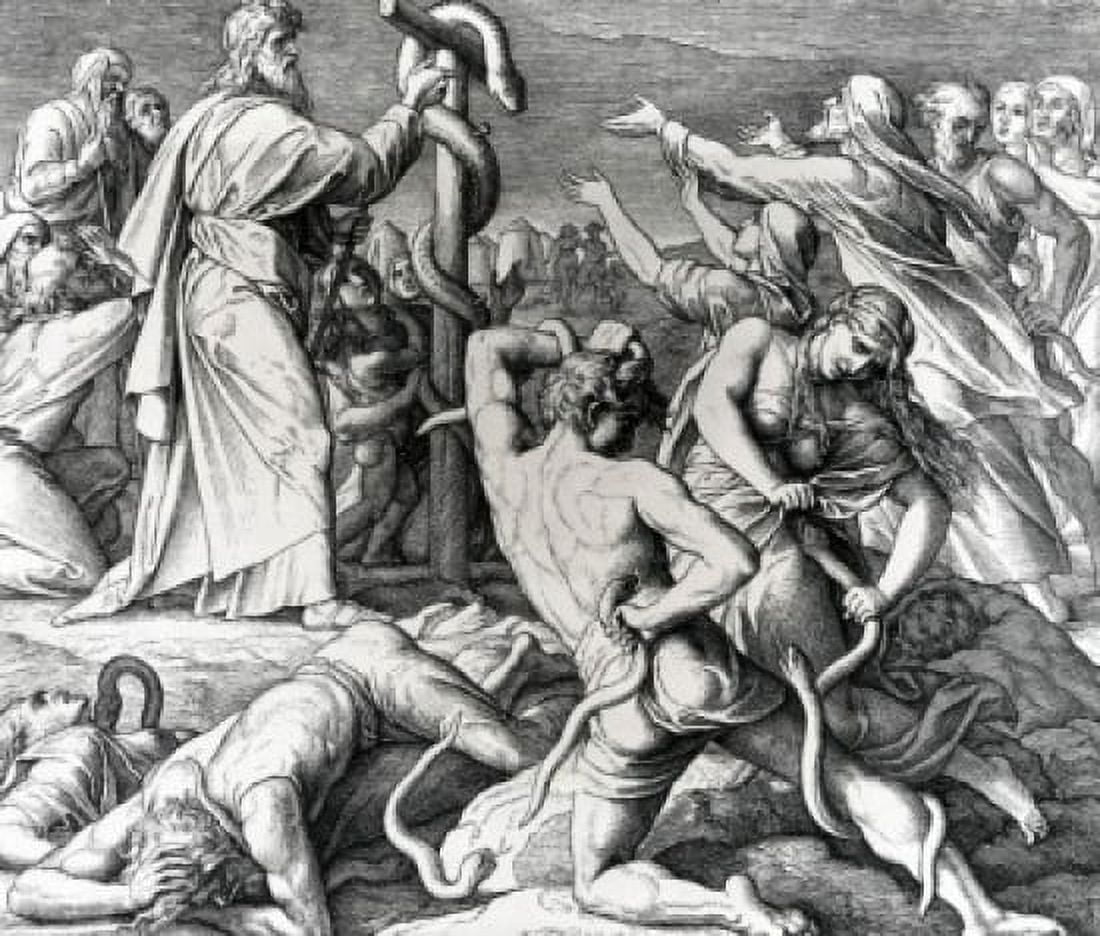 Moses Heals Afflicted Israelites with Brazen Serpent by Julius Schnorr von Carolsfeld illustration (1794-1872) Canvas Art - Julius Schnorr von Carolsfeld (18 x 24)