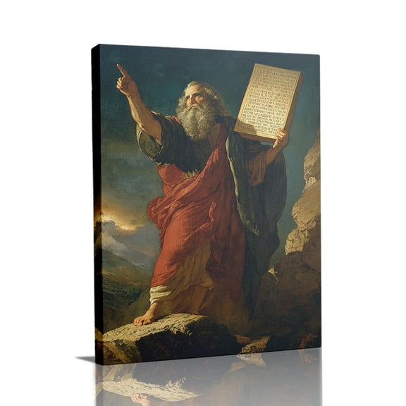 “Moses Holding Ten Commandments on Mount Sinai (Dramatic Tone)” Biblical Canvas Wall Art Ready to Hang for Living Room and Bedroom