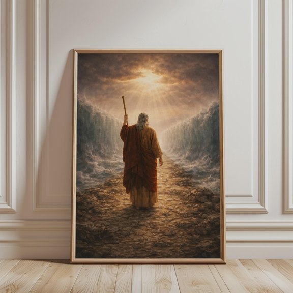 Moses Parting the Red Sea Wall Art Old Testament Exodus 14 Biblical Scene Print Religious Art Christian Poster for Catholic Home Decor