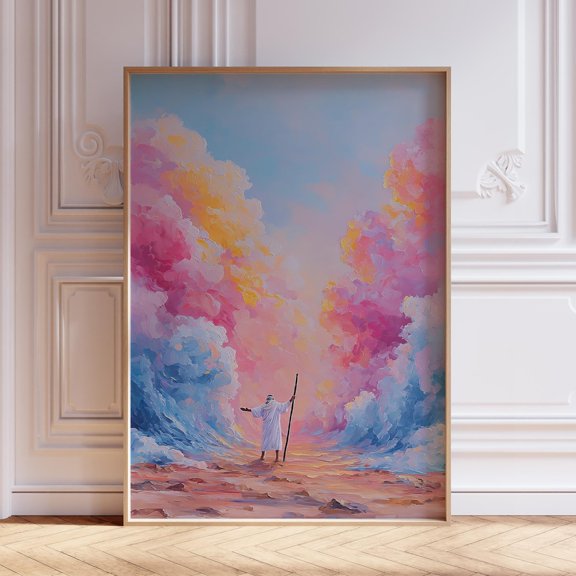 Moses Parting the Red Sea Wall, Moses Wall, Christian, Pink Christian Poster for Girls, Moses Splitting the Red Sea, Wall Art