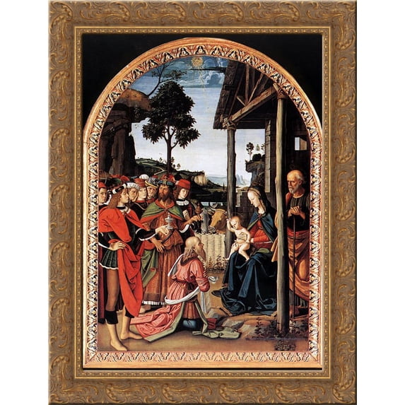 Moses's Journey into Egypt and the Circumcision of His Son Eliezer (detail) 20x24 Gold Ornate Wood Framed Canvas Art by Perugino, Pietro