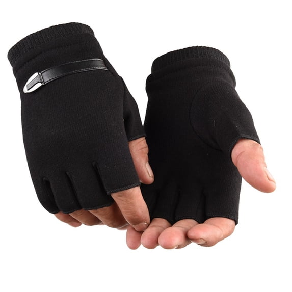 Mosey 1 Pair Men Autumn Winter Riding Gloves Half Finger Faux Leather Elastic Cuffs Solid Color Sports Climbing Fitness Driving Mittens