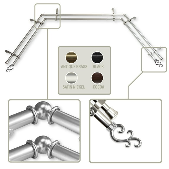 Mosey 13/16 inch Bay Window Double Curtain Rod 20-36", 38-72" - Satin Nickel